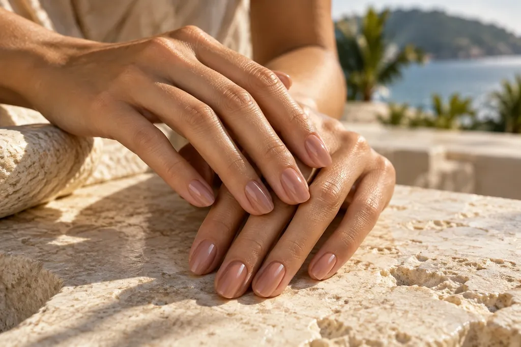 เล็บโทนนู้ดบนมือที่วางพักริมทะเล